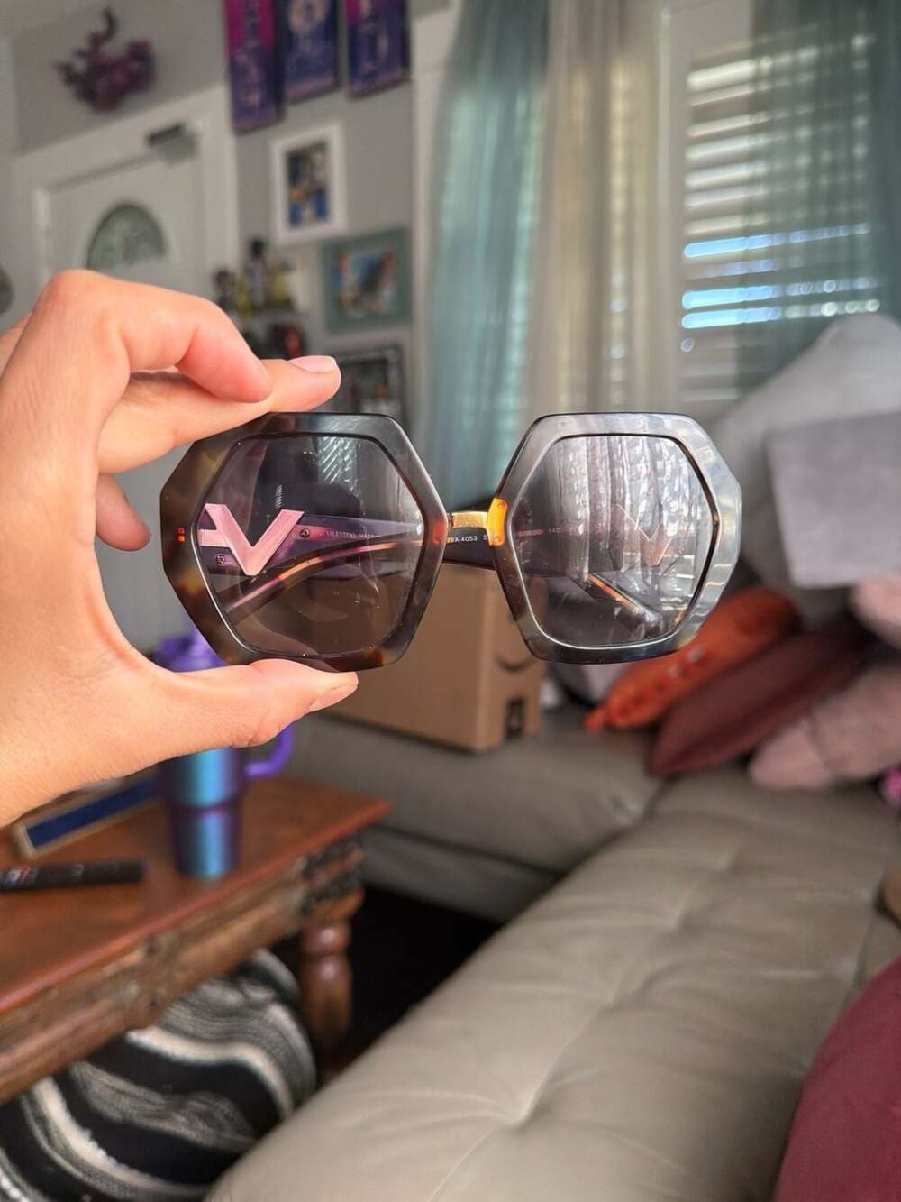 Valentino VA4053 Hexagon Oversized Tortoise Gradient Sunglasses with Gold V Logo